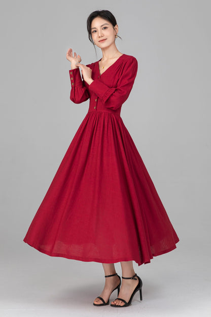 Red Linen Midi Dress - Button Front, V-Neck, Long Sleeve c5516