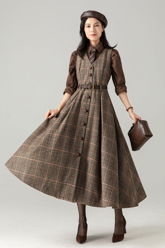 Plaid Wool Pinafore Dress: Vintage A-Line Button-Front Dark Academia Style, Ylistyle C5369