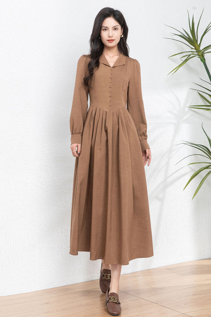 Vintage-Inspired Shirt Dress – Long Sleeve Midi Dress C4759