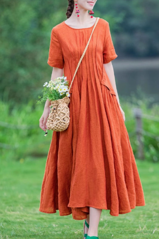 Midi length linen dress with pleating details C5060
