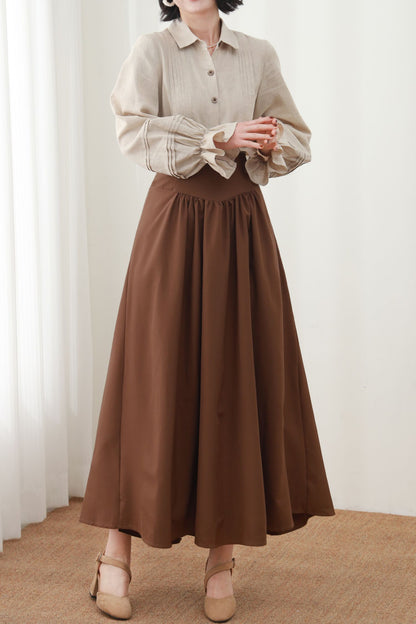 Beige Linen Blouse, Long Lantern Sleeve, Ruffle Detail, Ylistyle C5451