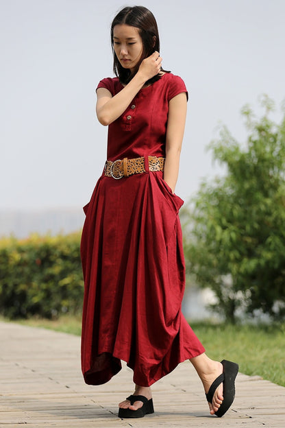 Linen Summer red womens asymmetrica dress C255
