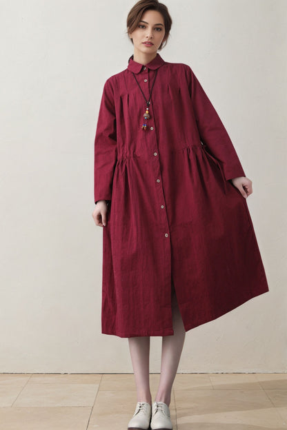 Burgundy Linen Shirt Dress - Long Sleeve Button-Front Midi with Drawstring Waist c5392