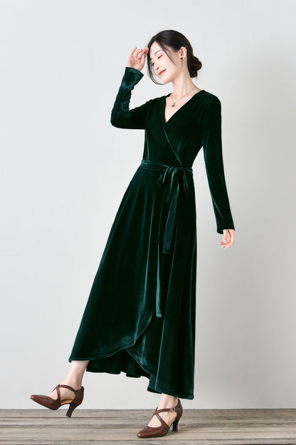 Long Velvet Wrap Dress with Belt C4695