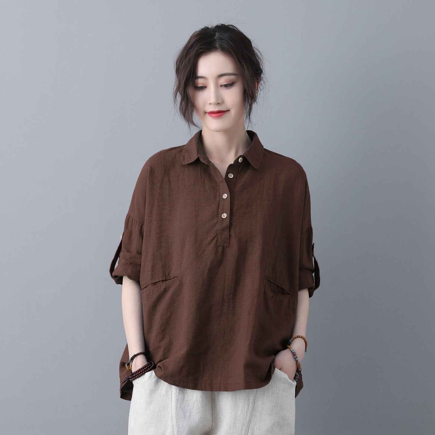 Brown Loose linen Tops C5346