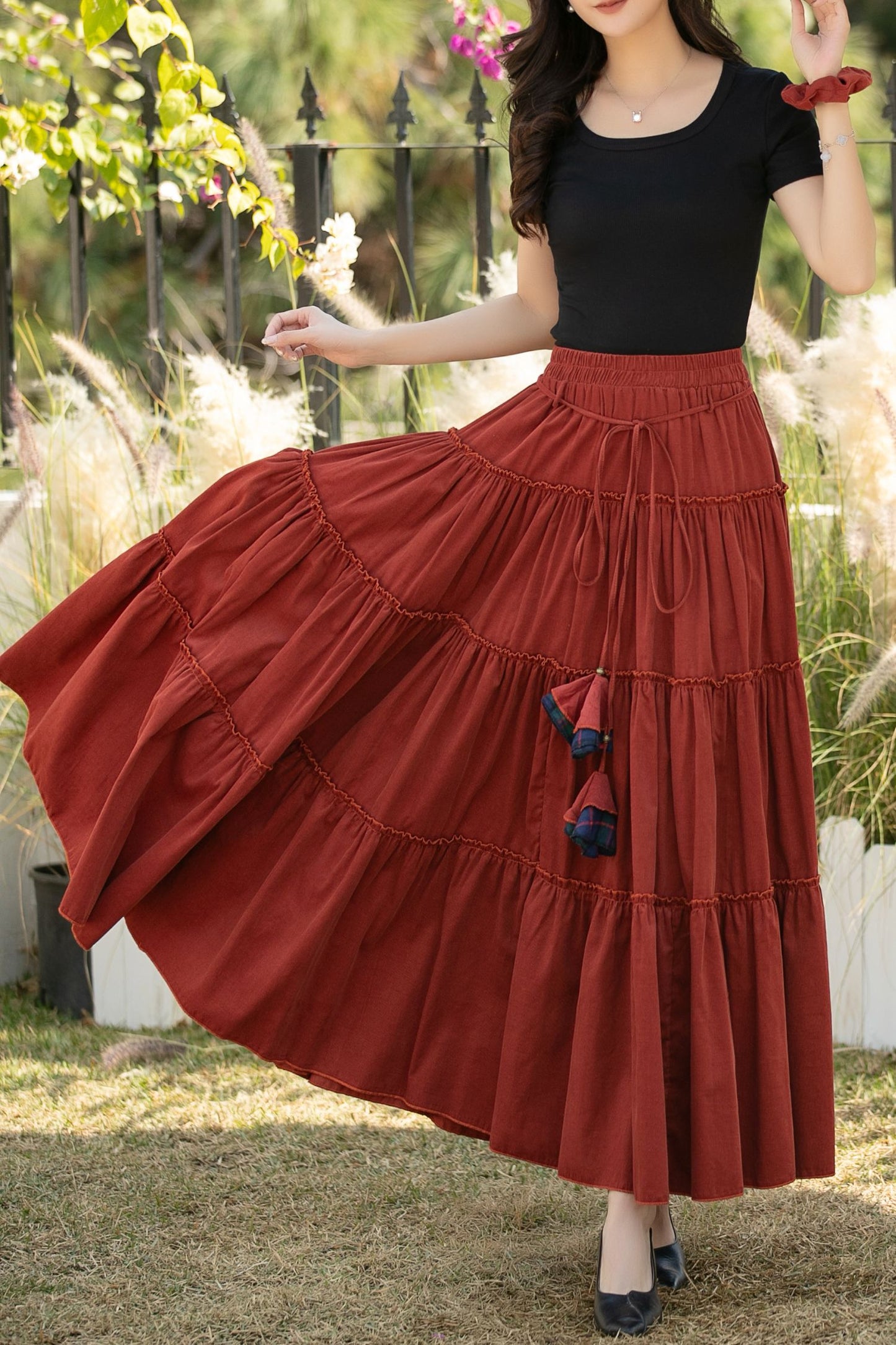 Rust Corduroy Tiered Maxi Skirt – Elastic Waist Boho Pleated Skirt C5436