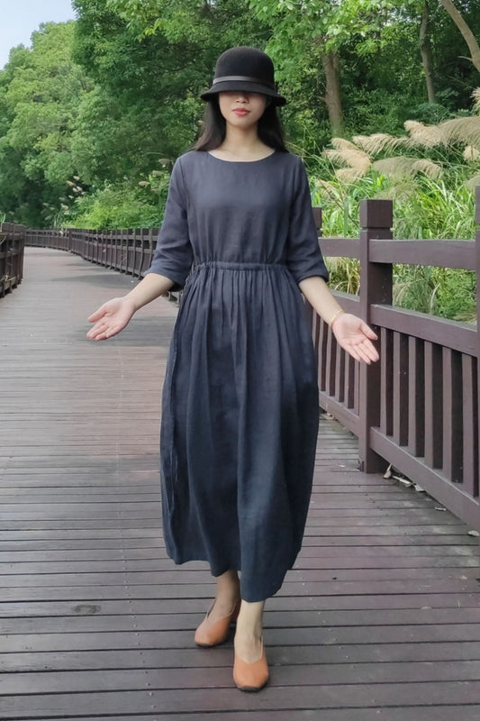 Dark grey loose drawstring a-line linen dress C3891