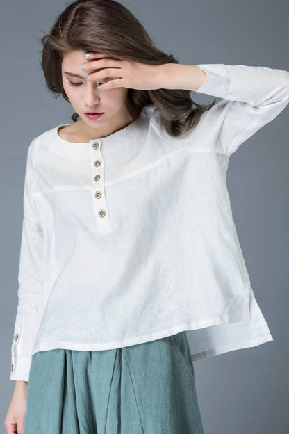 White linen causal womens long sleeves blouse C834