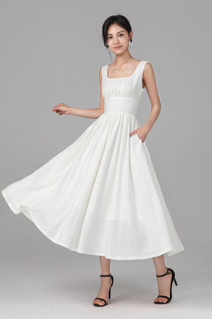 Off White Linen Midi Dress - Sleeveless Square Neck A-Line Silhouette C5525