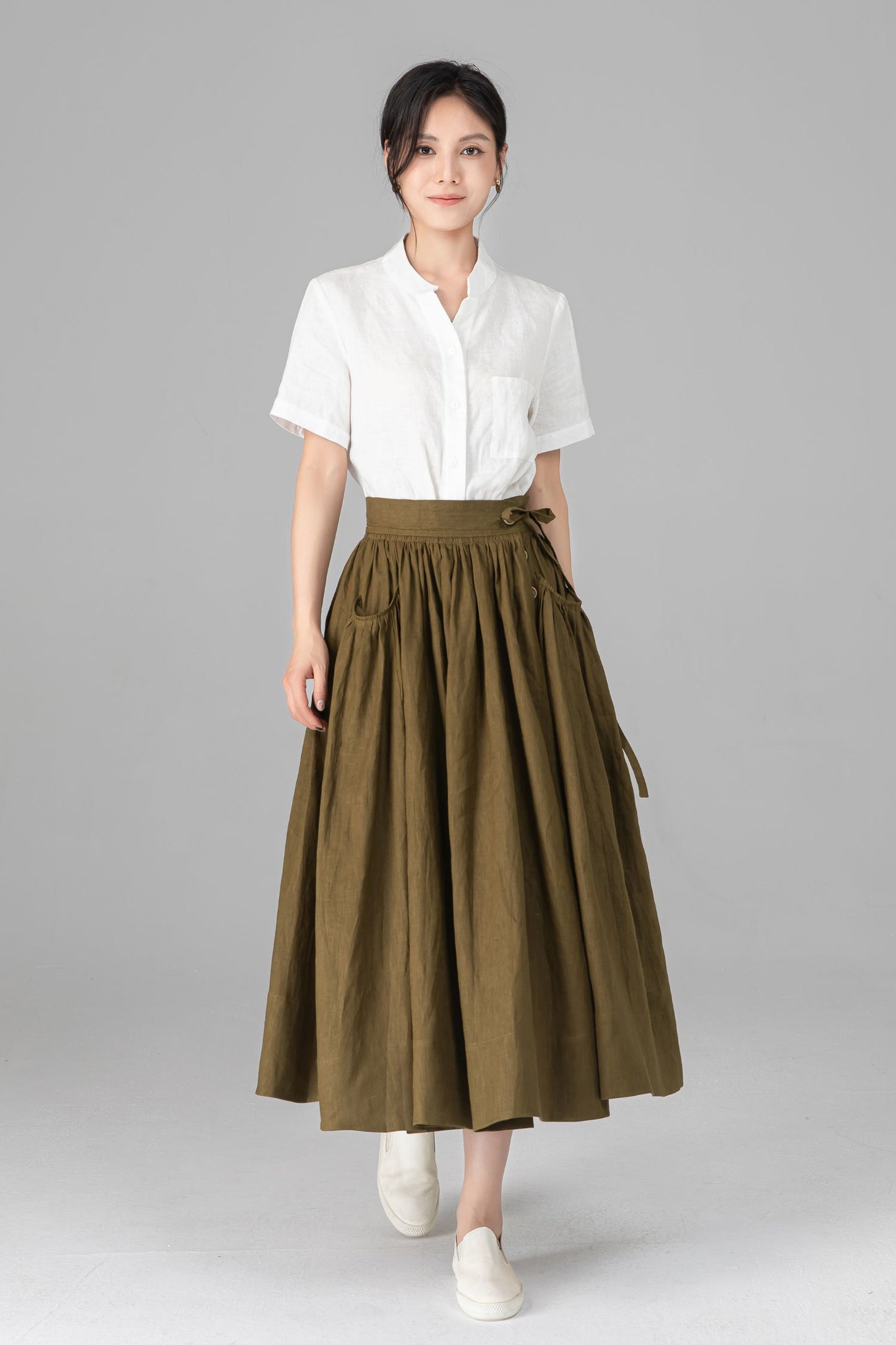 Olive Green Linen Midi Skirt - High Waisted A-Line with Pleats C5522
