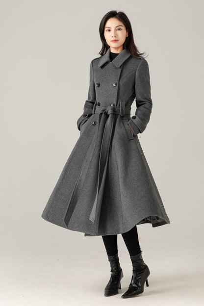 Gray Wool Blend Swing Coat: Double Breasted Belted Maxi Winter Overcoat, Ylistyle C5376