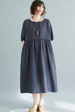 Load image into Gallery viewer, Natural Half Sleeve Linen Midi Dress in Navy C2113
