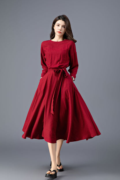 Women's Spring Burgundy Linen belted Dress C3909