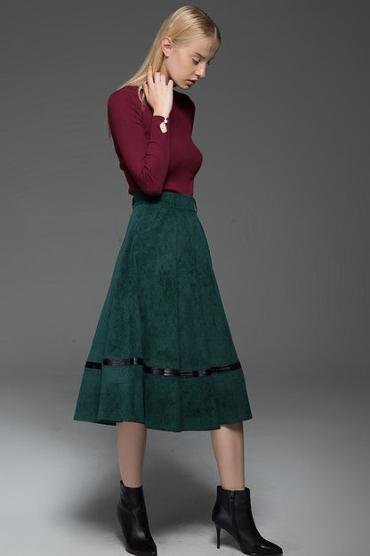 Womens Fall Green Corduroy A-line Midi Skirt C769