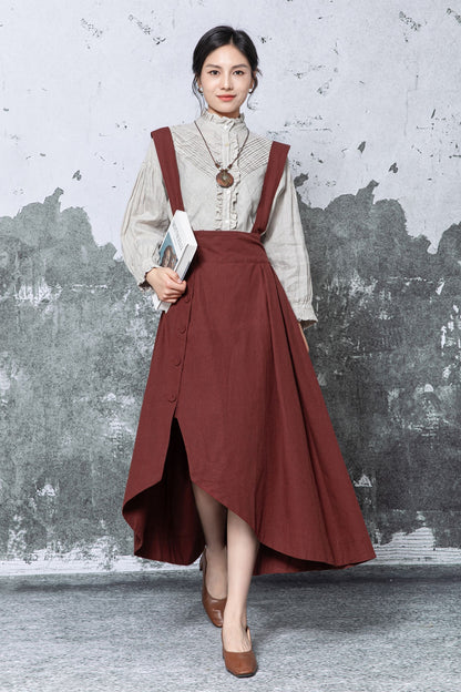 Rust Linen Midi Pinafore Dress - Asymmetric Hem with Pockets c5464