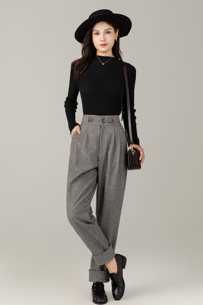 High-Waist Wool Trousers: Vintage Grey Pleated Cuffed Pants C5247