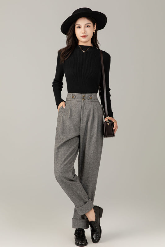 High-Waist Wool Trousers: Vintage Grey Pleated Cuffed Pants C5247