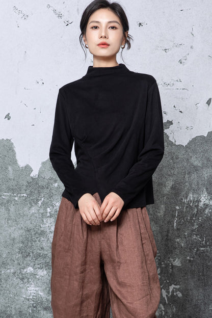 Black Cotton Blouse - Long Sleeve Mock Neck with Asymmetric Hem c5463