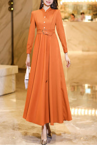 Orange spring and autumn waisted long dress C4176