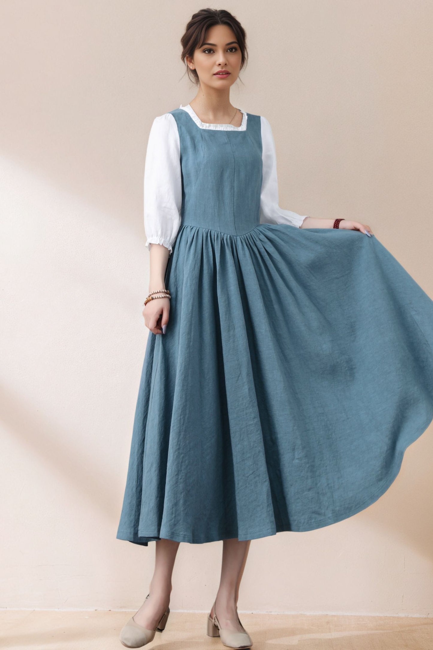 Handmade Pleated Swing Midi Linen Dress C5386