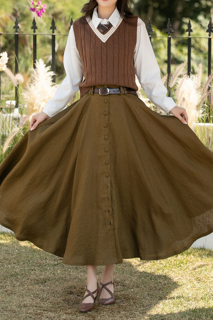 Army Green Linen Maxi Skirt: High Waist Button Front A-Line Swing Skirt, Ylistyle C5444