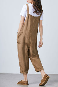 Summer brown casual adjustable linen overalls C1681