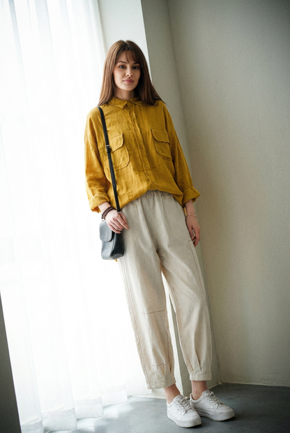 Yellow Linen Oversized Blouse: Women’s Button-Up Shirt with Patch Pockets, Ylistyle C5322