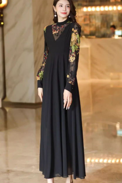 Fit and flare block color maxi chiffon dress C4929