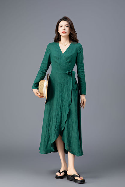 Women's Green Long Sleeves Linen Dress C3914