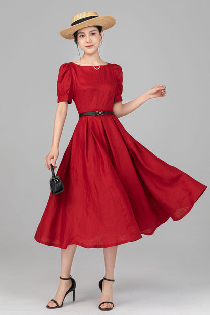 Red Linen Puff Sleeve Midi Dress - A-Line Bow Waist | Ylistyle C5517