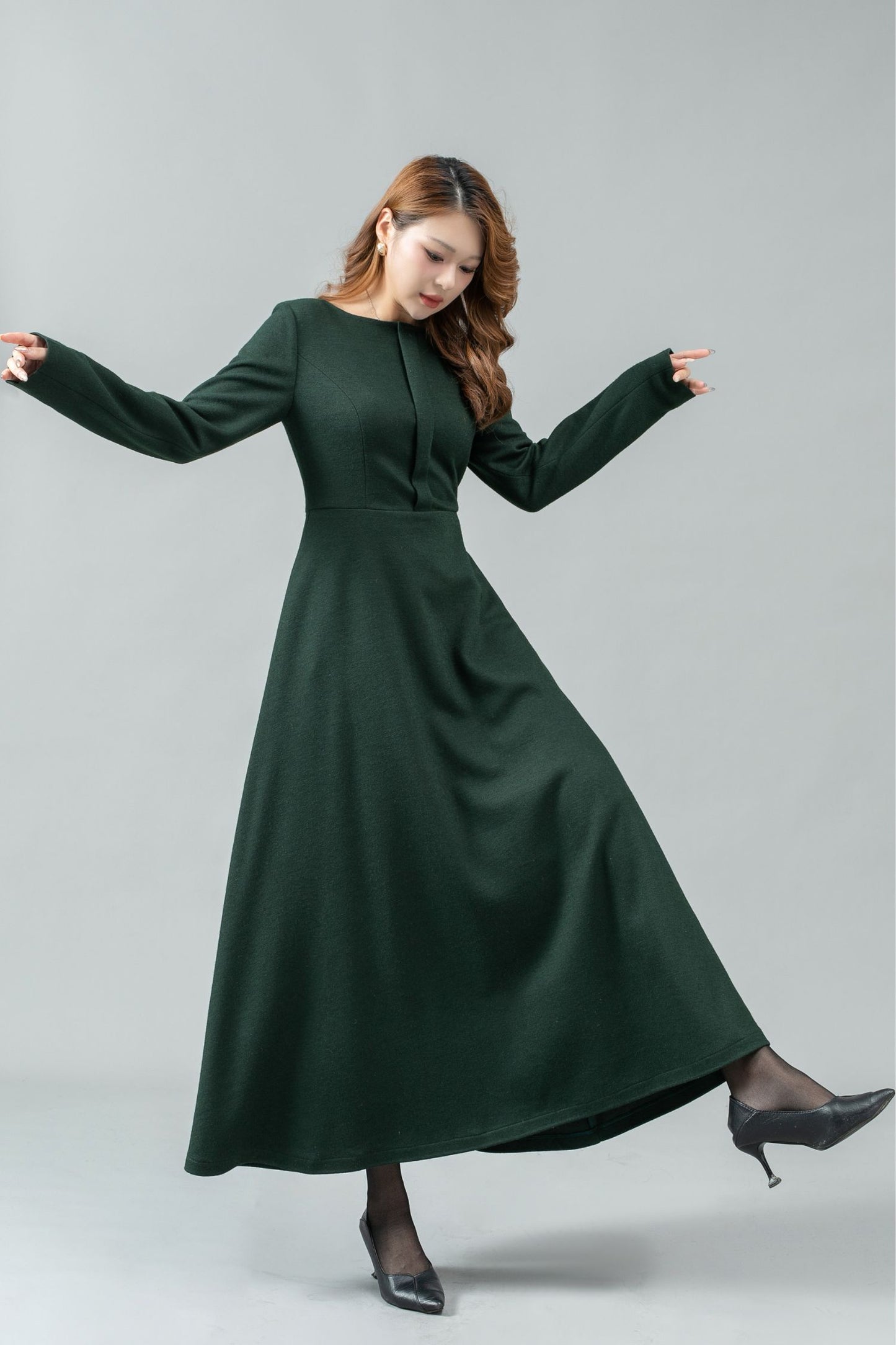 Green maxi winter wool dress women C4443