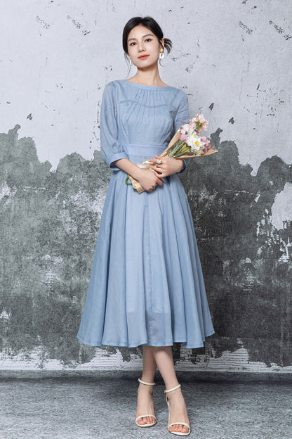 Blue Linen Midi Dress - Pleated Neckline Swing Silhouette c5475