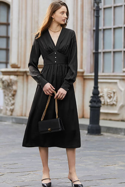 High waist v neck womens dresses with long sleeves C3488