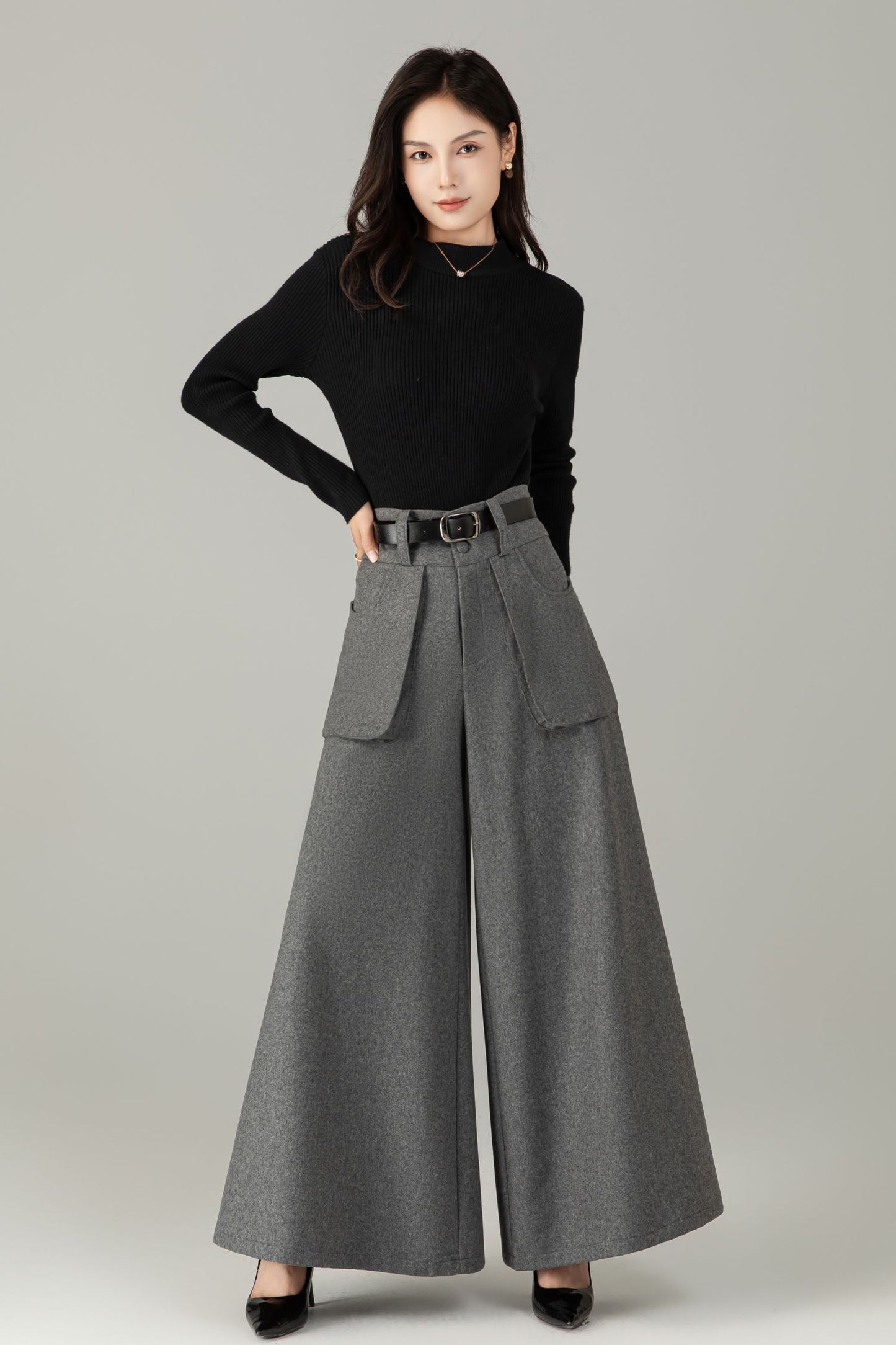 High-Waist Wide-Leg Wool Trousers — Palazzo Wool Pants C5245