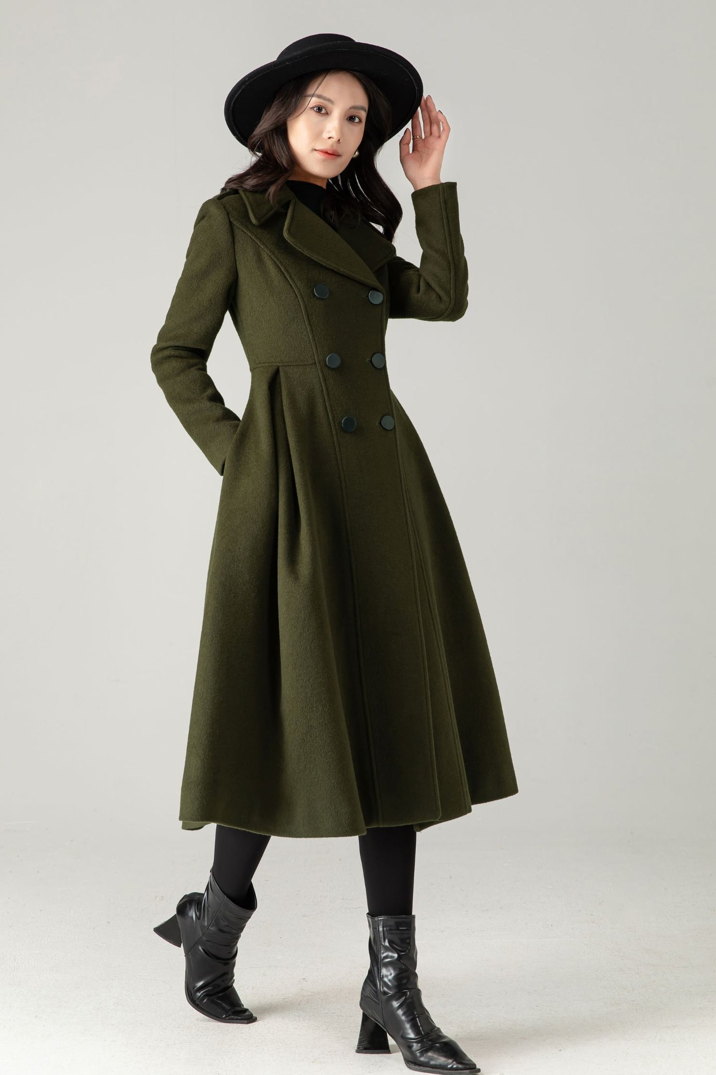 Vintage Inspired Long Princess Coat in Army Green C5342