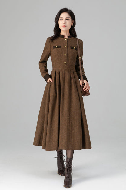 Warm Winter Military Button front Wool Dress Women C5194