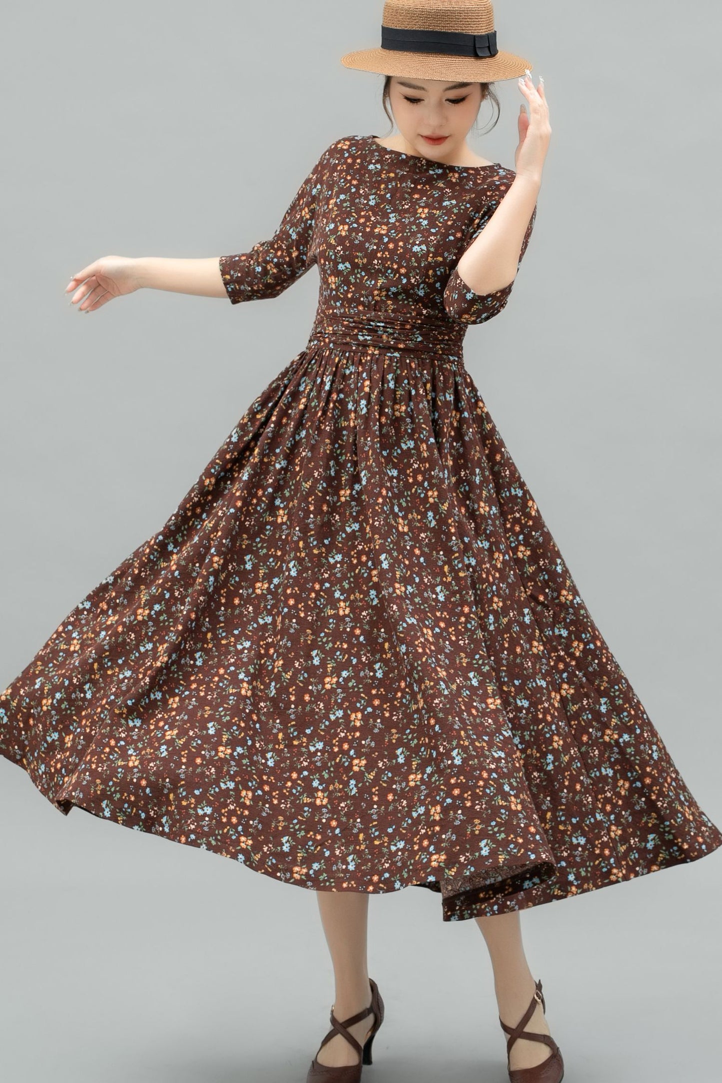 Vintage Inspired Floral Linen Midi Dress C4745