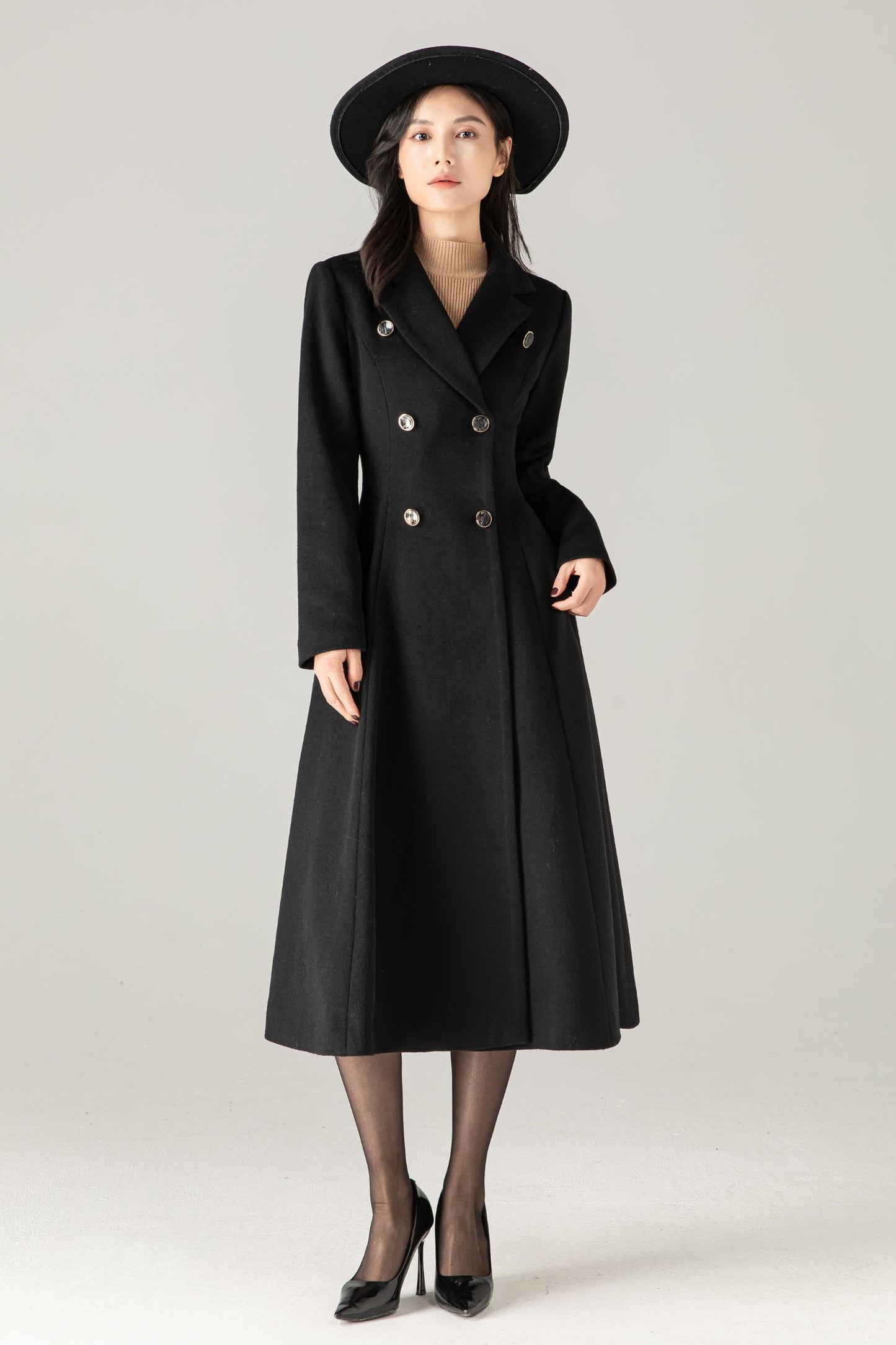 Black Wool-Blend Maxi Coat: Double-Breasted Belted Swing Overcoat, Ylistyle C5372
