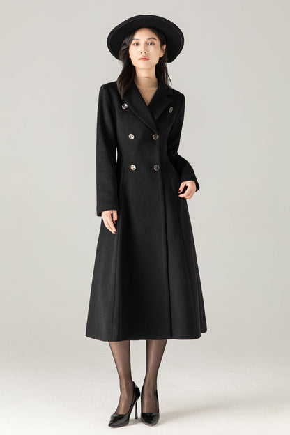 Black Wool-Blend Maxi Coat: Double-Breasted Belted Swing Overcoat, Ylistyle C5372