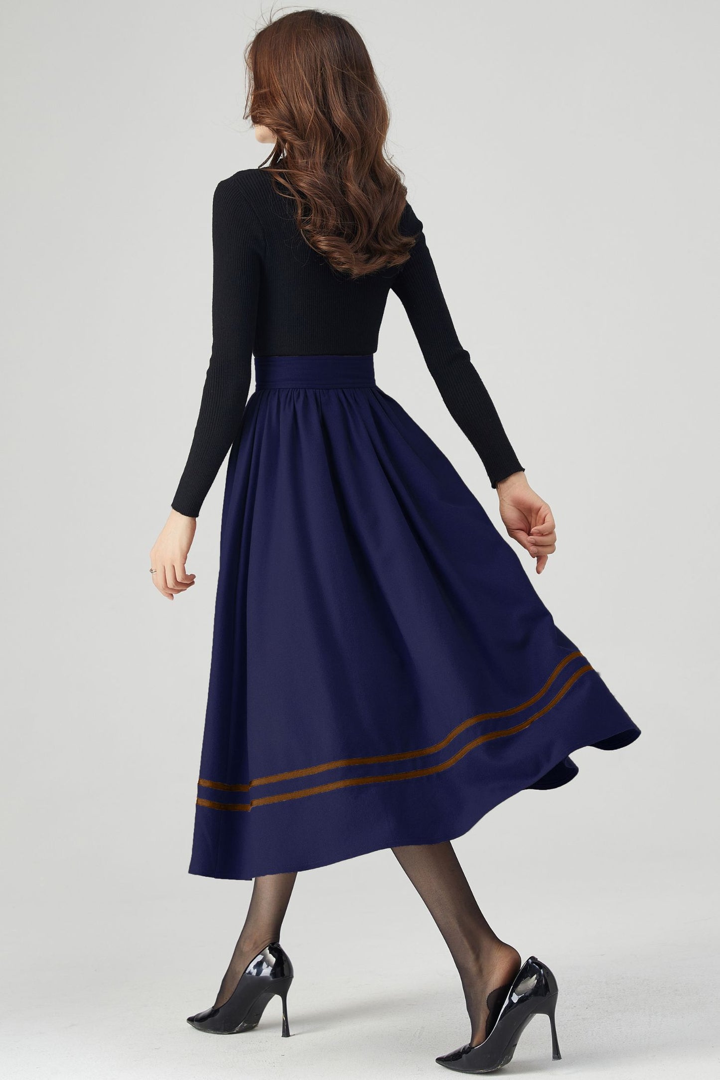Button Front Navy Blue Wool Skirt C4512