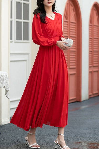 red fit and flare long chiffon dress C5039