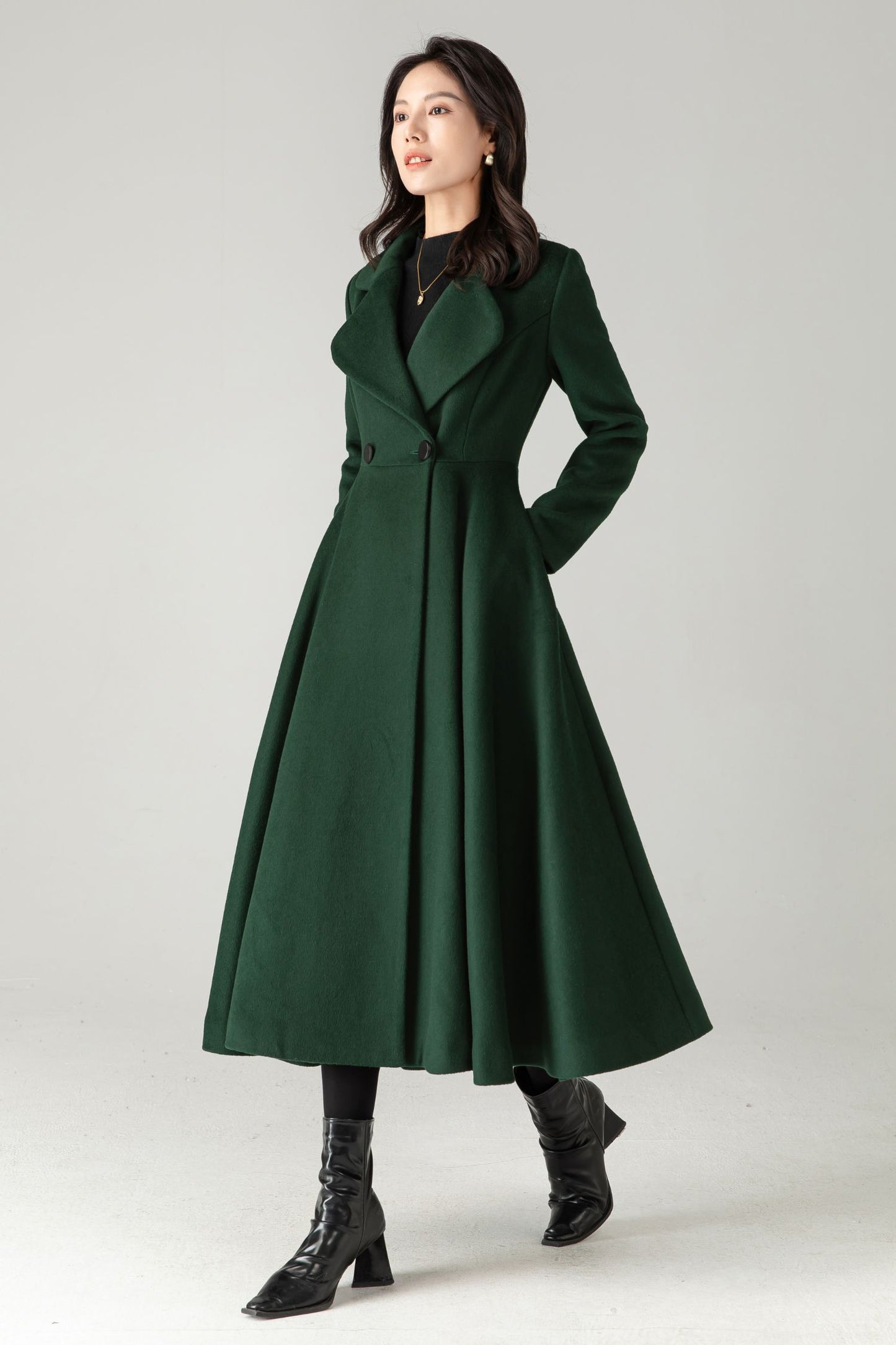 Emerald Green Wool Coat: Elegant Women's Swing Long Flared Trench Coat C5341