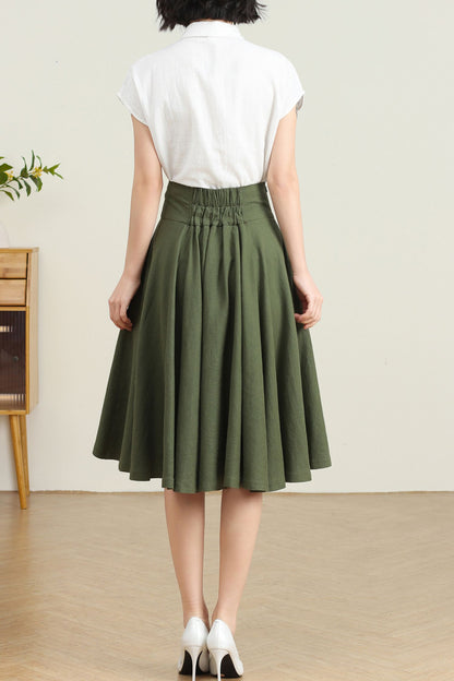 Green Pleated Swing Skirt with Pockets C4729