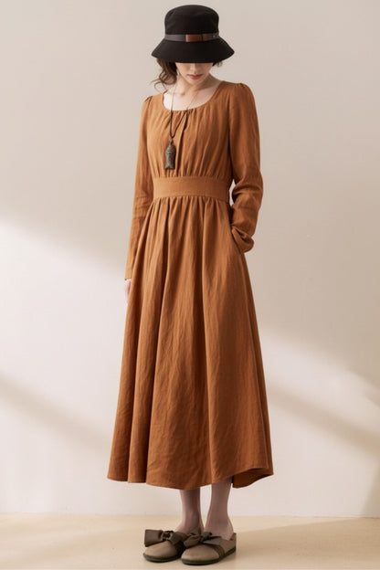 Brown Linen Maxi Dress - Fit and Flare with Tie Bow Waist c5385