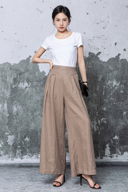 Brown Linen Wide Leg Pants - High Waisted Flowing Palazzo Trousers c5465