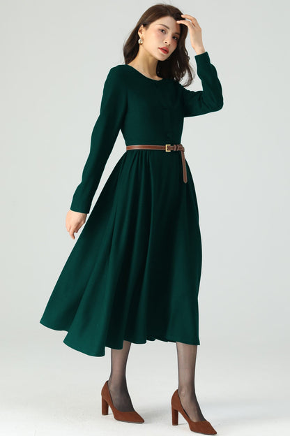 Dark Green Midi Wool Dress C4528
