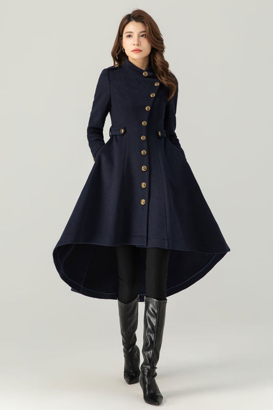 Womens Asymmetrical Navy Wool Coat C3700