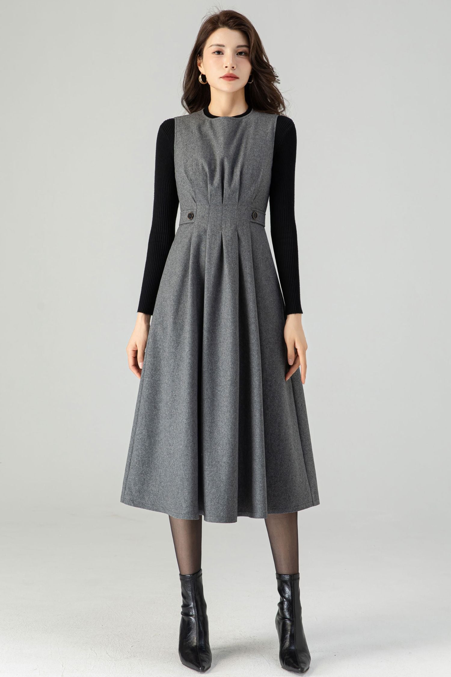 knee length dresses for ladies Womens Winter Midi Wool Dress C3618 Grey / L