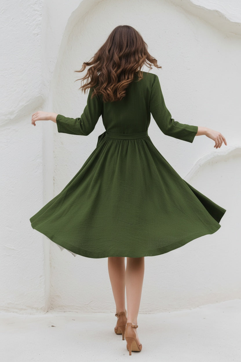 V-Neck Swing Midi linen dress with Waist Tie C5393