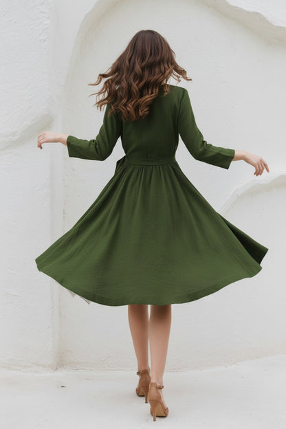 V-Neck Swing Midi linen dress with Waist Tie C5393